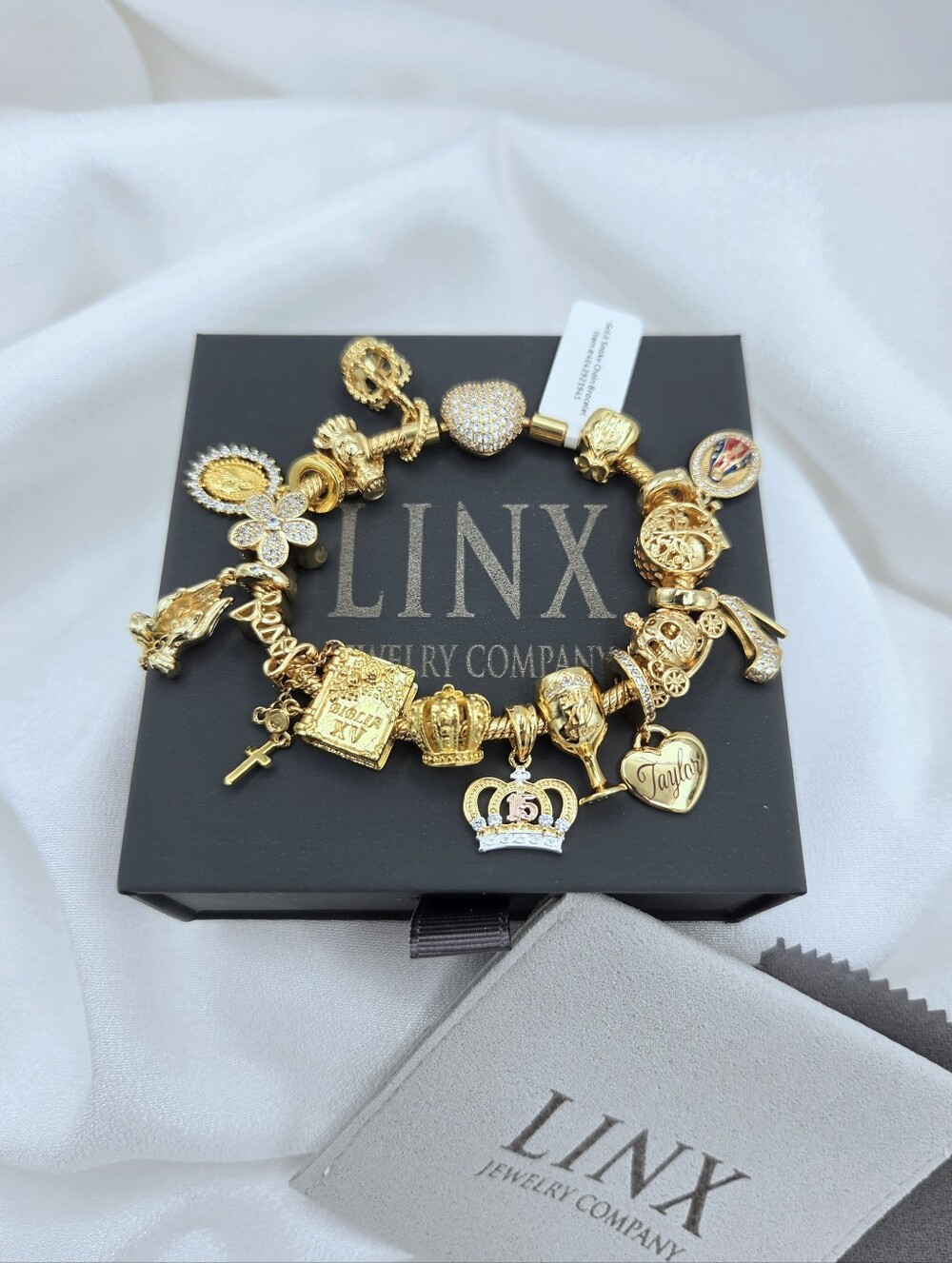 Linx Gold Snake Chain Bracelet With Quinceanera & Personalized Name Charms